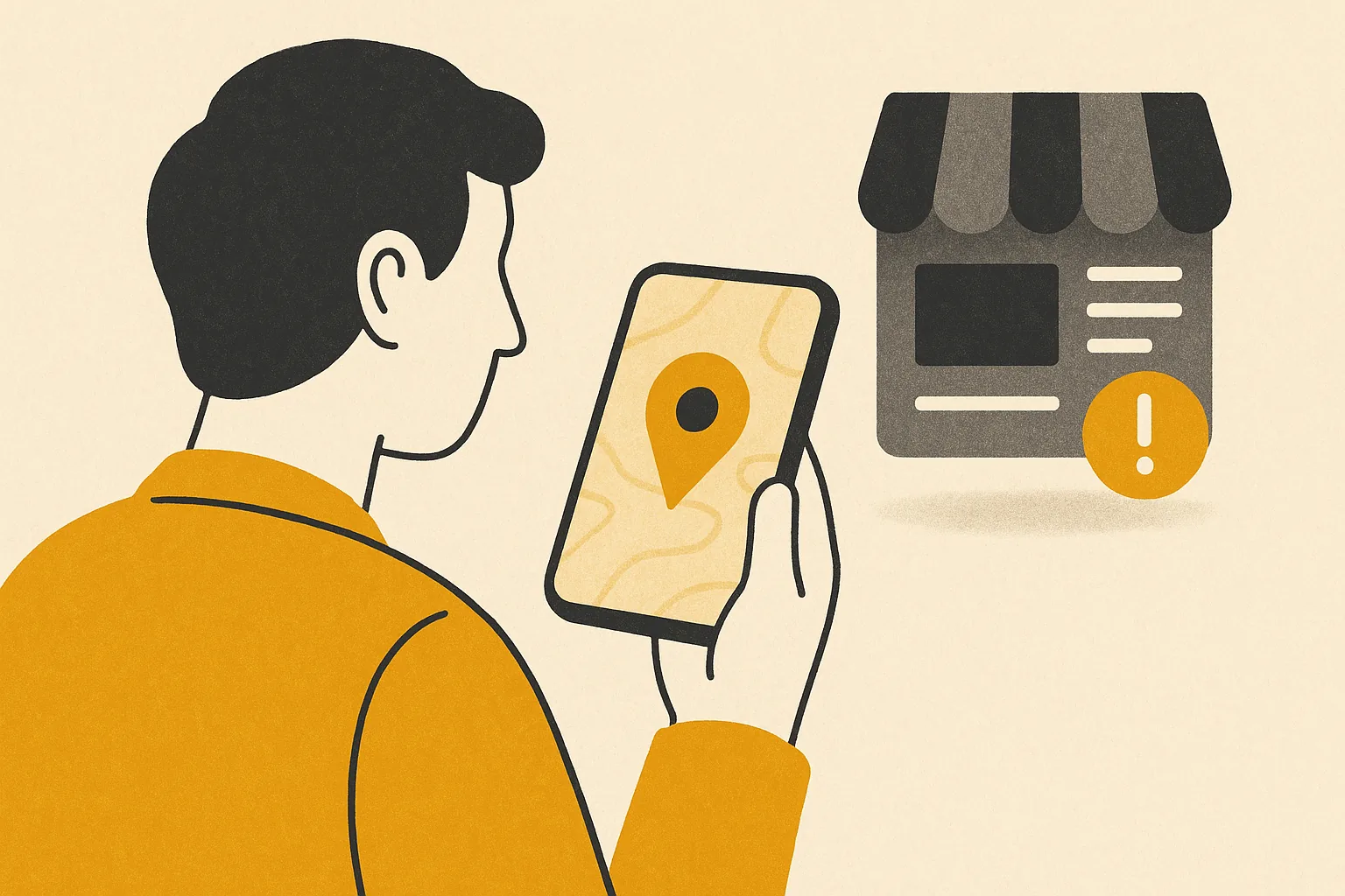 A warm editorial illustration of a local business owner looking at a phone showing a hidden Google Maps pin and a Google Business Profile dashboard with a suspension notice, symbolizing a listing pulled from search