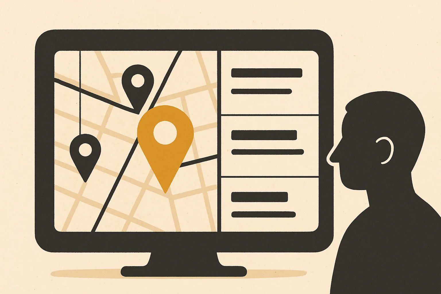 A warm editorial illustration of a Google Maps screen with three business pins, one highlighted in marigold, showing how ranking higher on the map puts a local business in front of nearby searchers