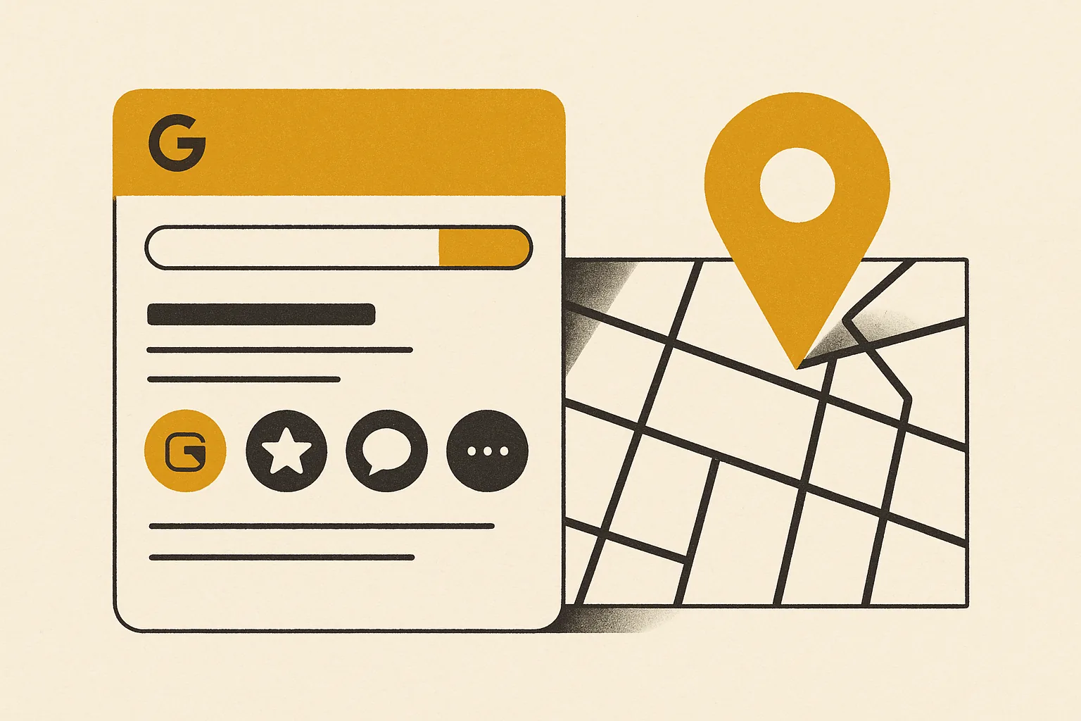 A warm editorial illustration of a Google Business Profile card being filled in section by section, with a marigold pin over a neighborhood map and small icons for category, photos, reviews, and posts, symbolizing a complete and active local listing