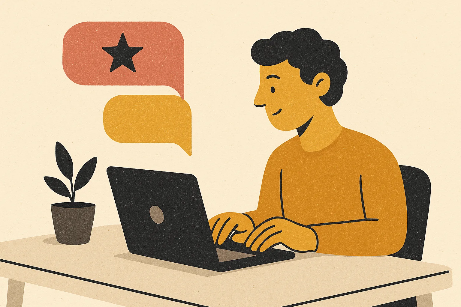 A warm editorial illustration of a small-business owner at a desk calmly typing a reply to a one-star review, with a speech bubble turning from red to gold, symbolizing a bad review handled well
