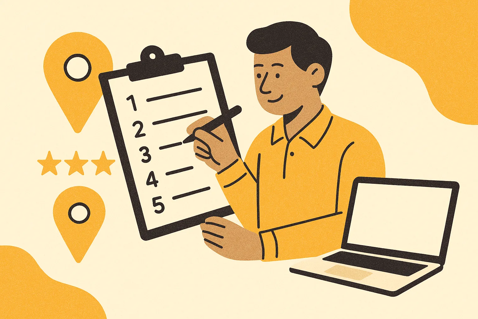 A warm editorial illustration of a service business owner checking off a numbered local SEO checklist on a clipboard, with a Google map pin, review stars, and a laptop nearby on a solid cream background with marigold accents