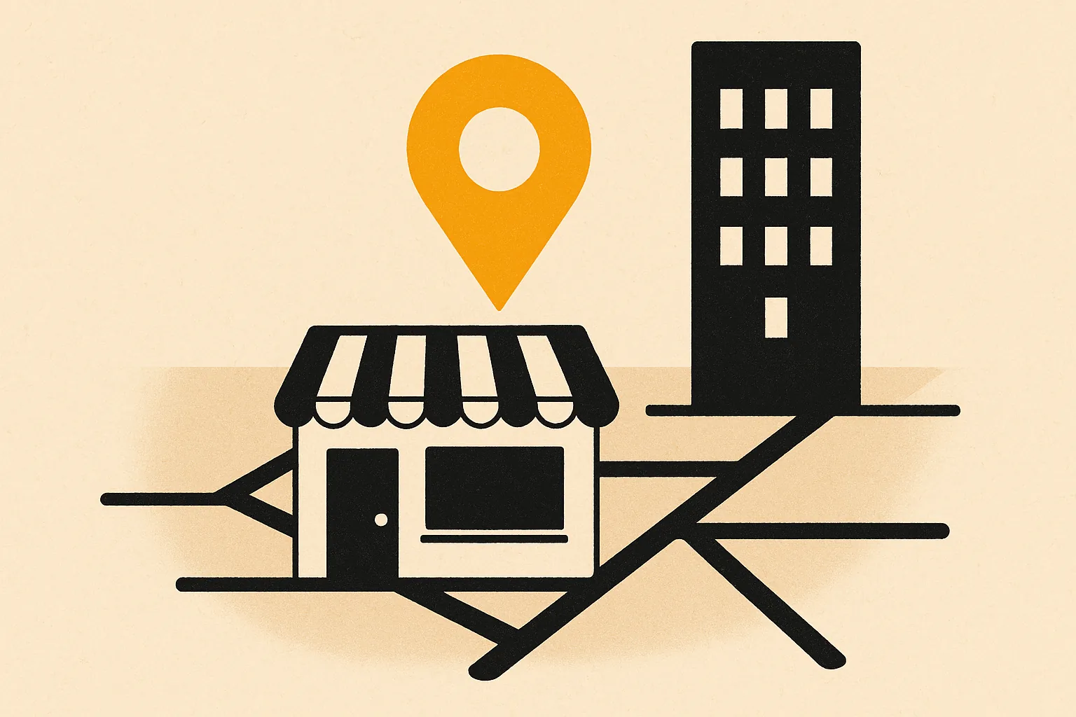 A warm editorial illustration of a small local shop with a marigold map pin above it out-ranking a taller faceless competitor building on a neighborhood search map, symbolizing a small business winning nearby local searches