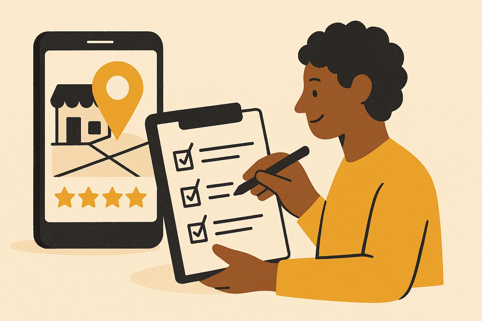 A warm editorial illustration of a small business owner checking off a short list of local SEO tasks beside a phone showing a map pin and star reviews, symbolizing quick wins a busy owner can finish in a week