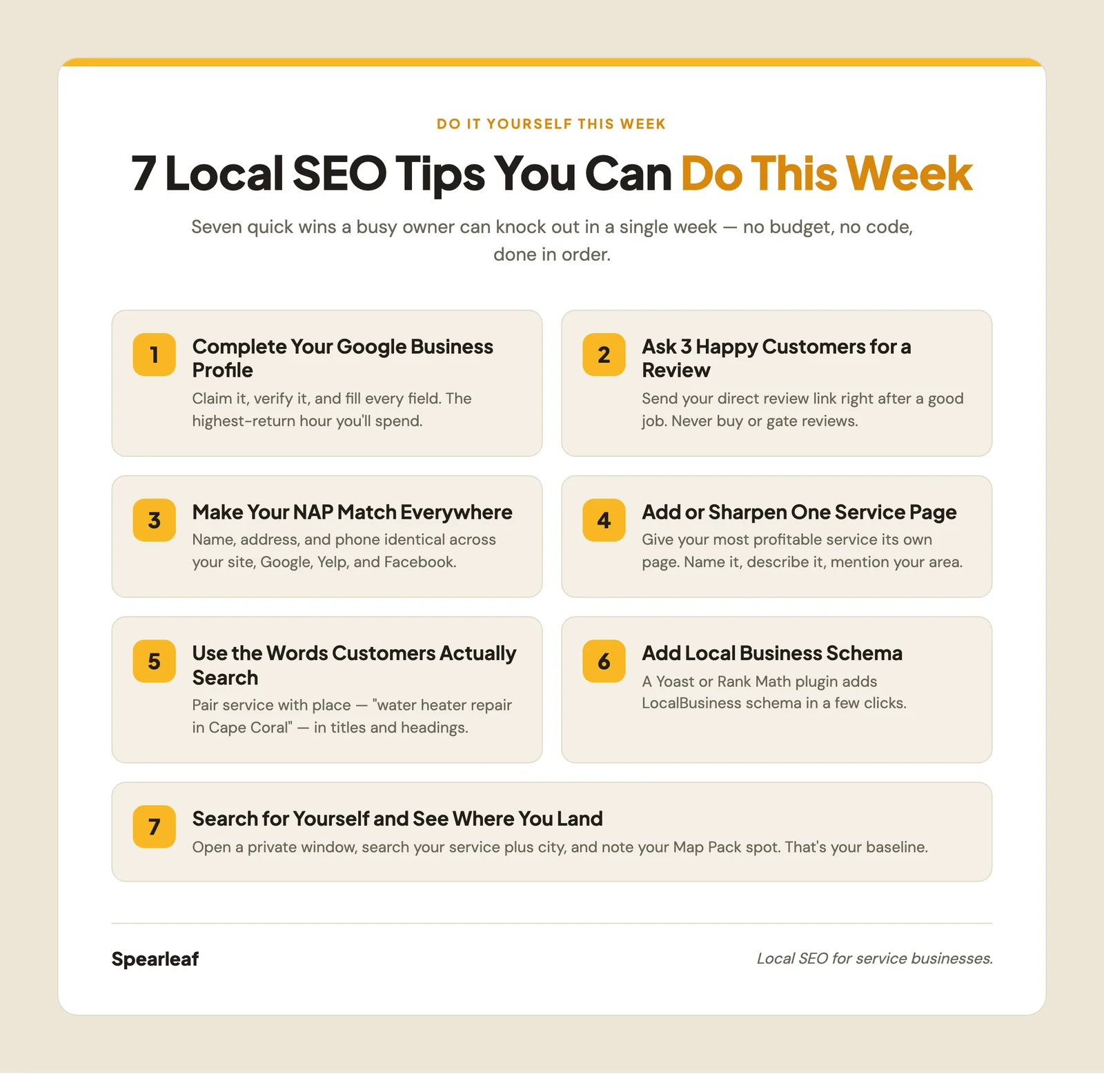 A Hallmark-style infographic titled "7 local SEO tips for the week," laying out the seven steps as a simple numbered path: complete your Google profile, ask for reviews, match your contact info everywhere, add a service page, use local keywords, add local schema, and check your Map Pack ranking, with feather icons on a cream background with marigold accents