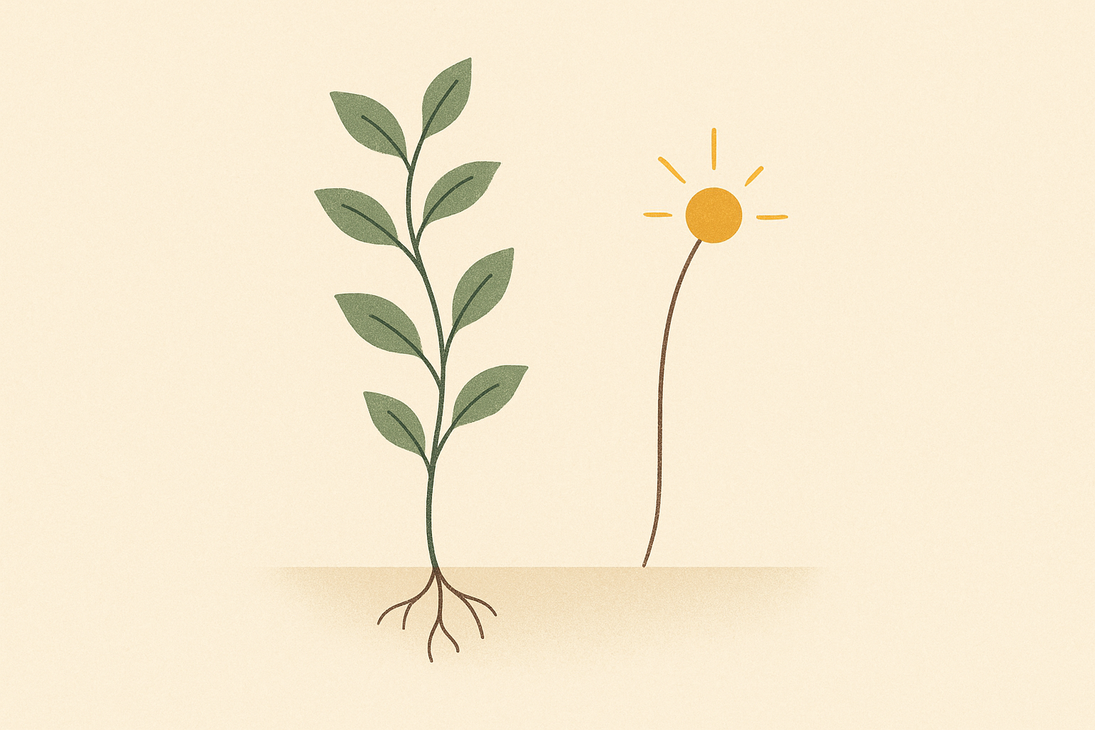 A warm editorial illustration contrasting a growing green vine with a bright single spark, two paths to the same destination