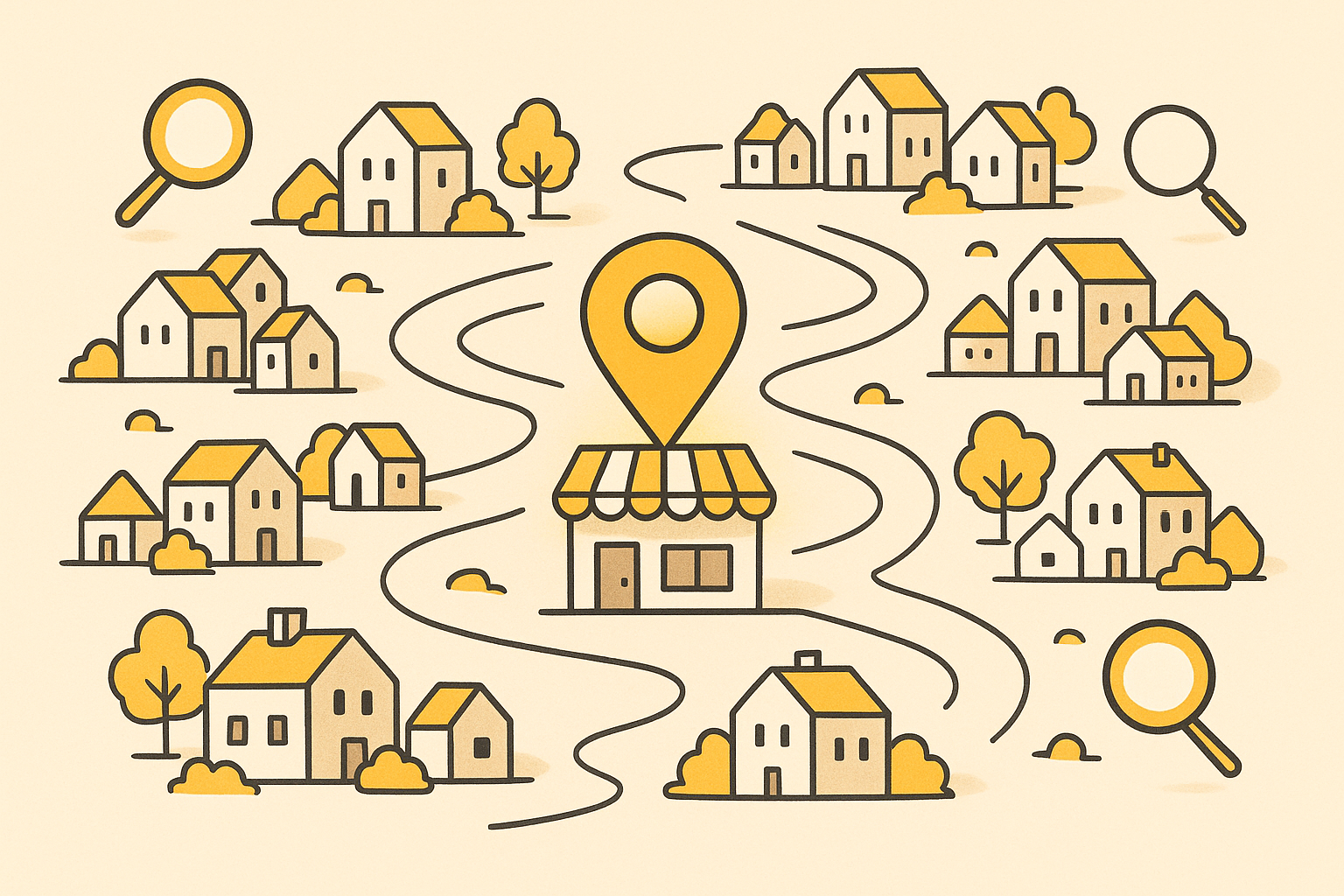 A warm editorial illustration of a neighborhood map with a marigold pin marking a local business surrounded by nearby homes and search icons, symbolizing being found by local customers