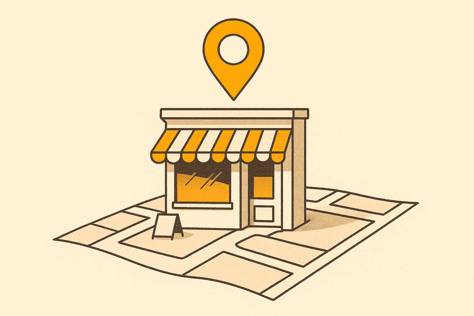 A warm editorial illustration of a small storefront on a map with a single bright marigold location pin lighting up, signaling a business becoming visible on Google