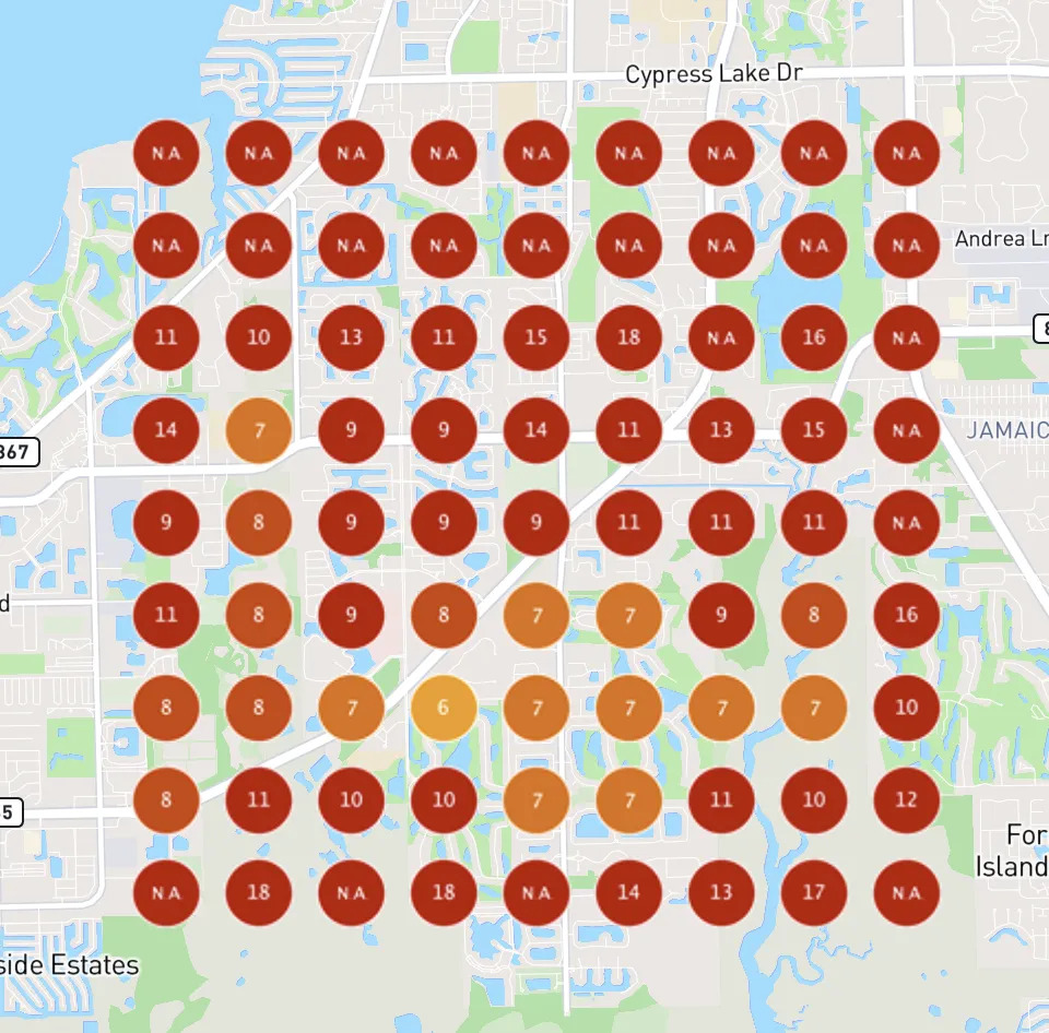 Chiropractic clinic map ranking before, scattered red