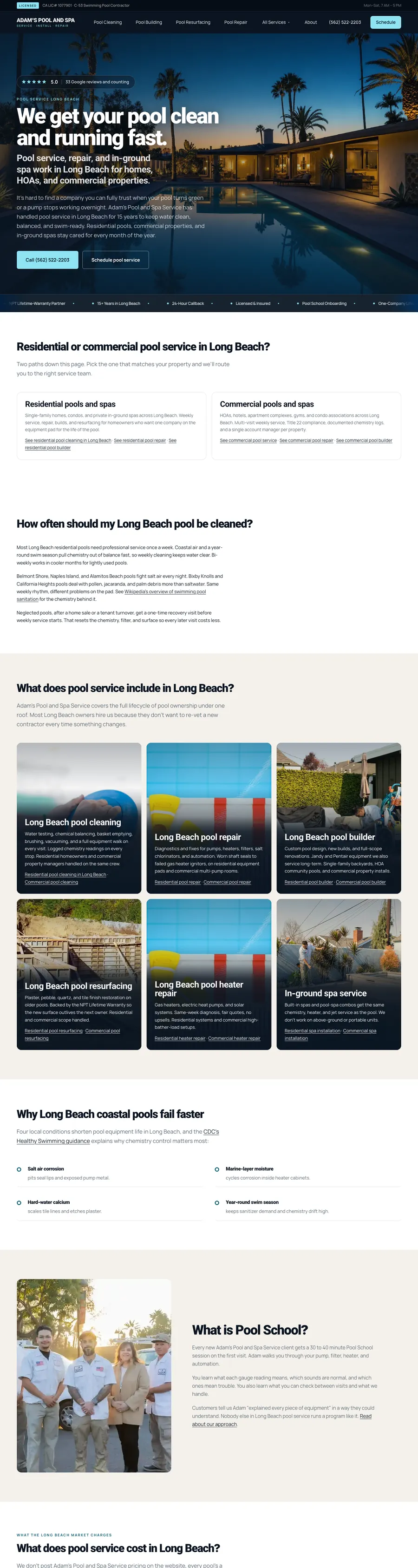 Adam's Pool and Spa website, full homepage