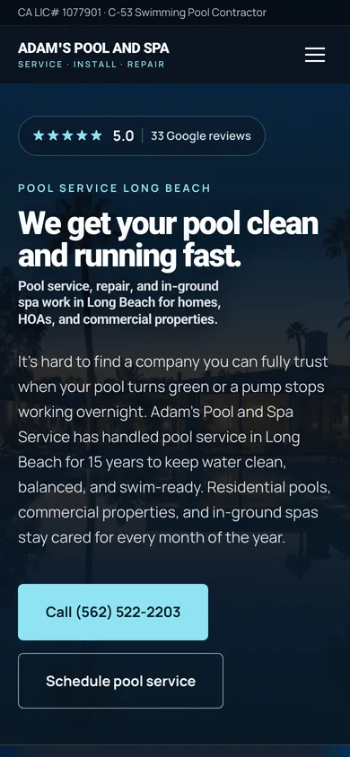 Adam's Pool and Spa Service website on a phone