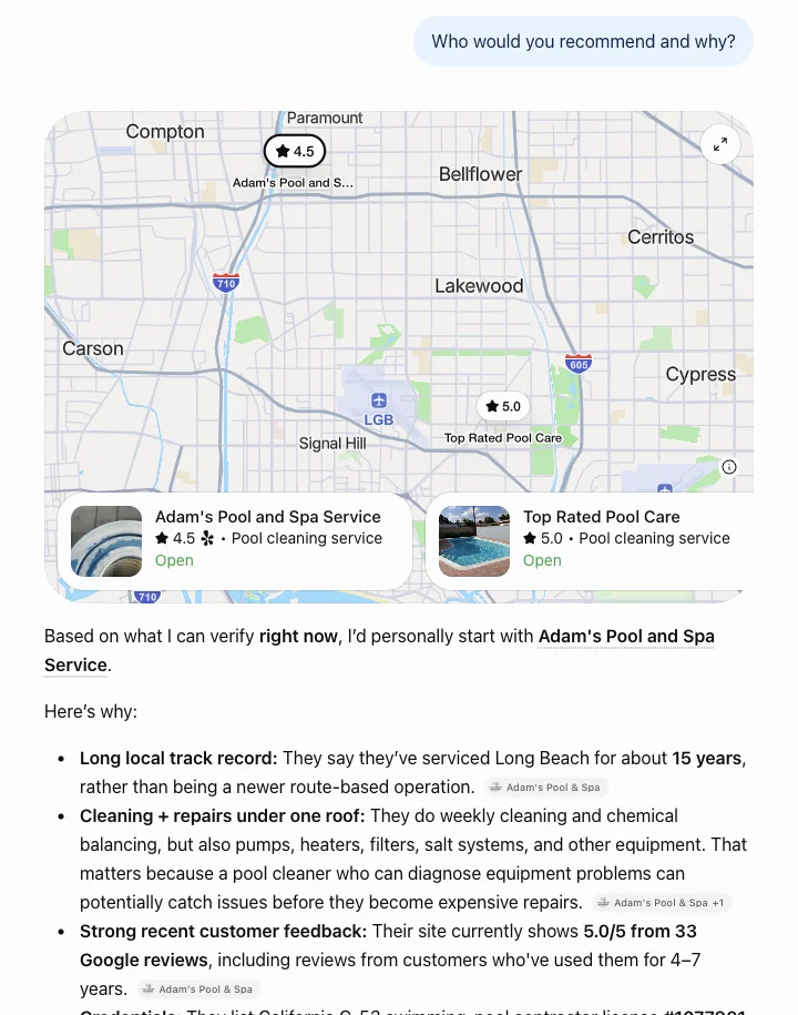ChatGPT answering Who would you recommend and why with a map showing Adam's Pool and Spa Service first and the line I'd personally start with Adam's Pool and Spa Service